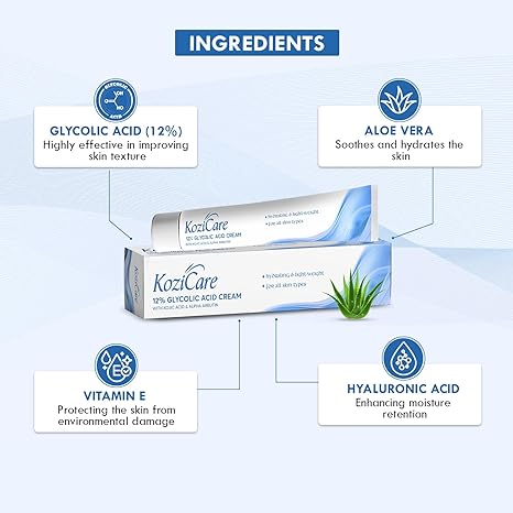 Kozicare Glycolic Acid Face Cream 12% for Anti Wrinkles & Anti Ageing